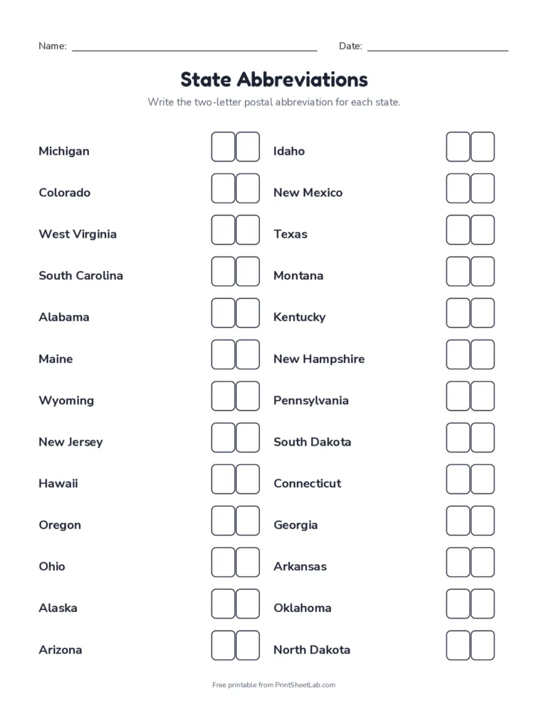 Write the two-letter postal abbreviation for all 50 states, with answer key