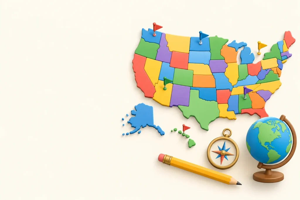 Illustration of a colorful puzzle map of the United States with map pins, a compass, a globe and a pencil