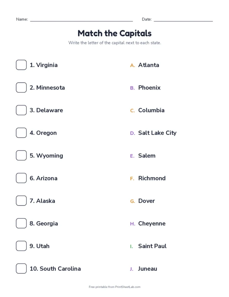Matching worksheets: write the letter of each capital next to its state, 10 per page, with answer key