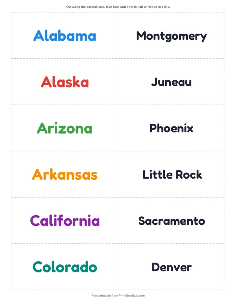 Printable states and capitals flash cards, 50 fold-over cards
