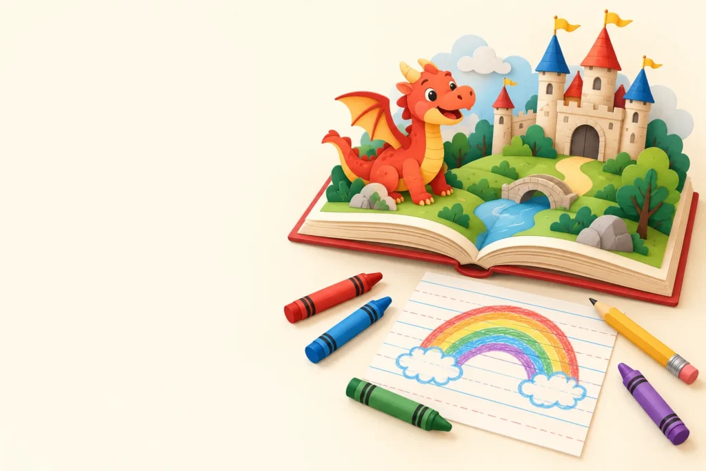 Illustration of a pop-up storybook with a friendly dragon and a castle, a rainbow drawing on writing paper, crayons and a pencil