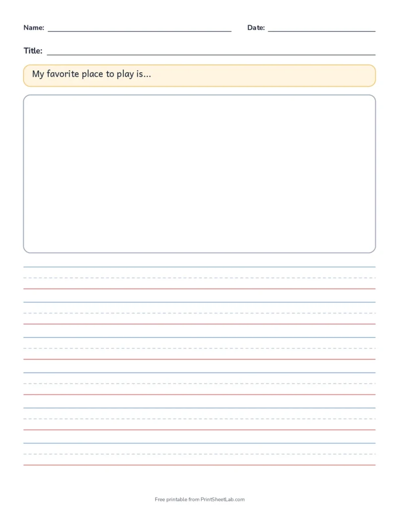 Five pages of story paper with a drawing box, primary lines and a different writing prompt on each page