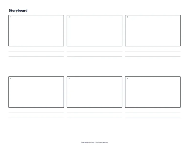 Six-frame storyboard template with note lines
