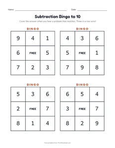 Subtraction Bingo to 10 printable worksheet for kindergarten and grade 1