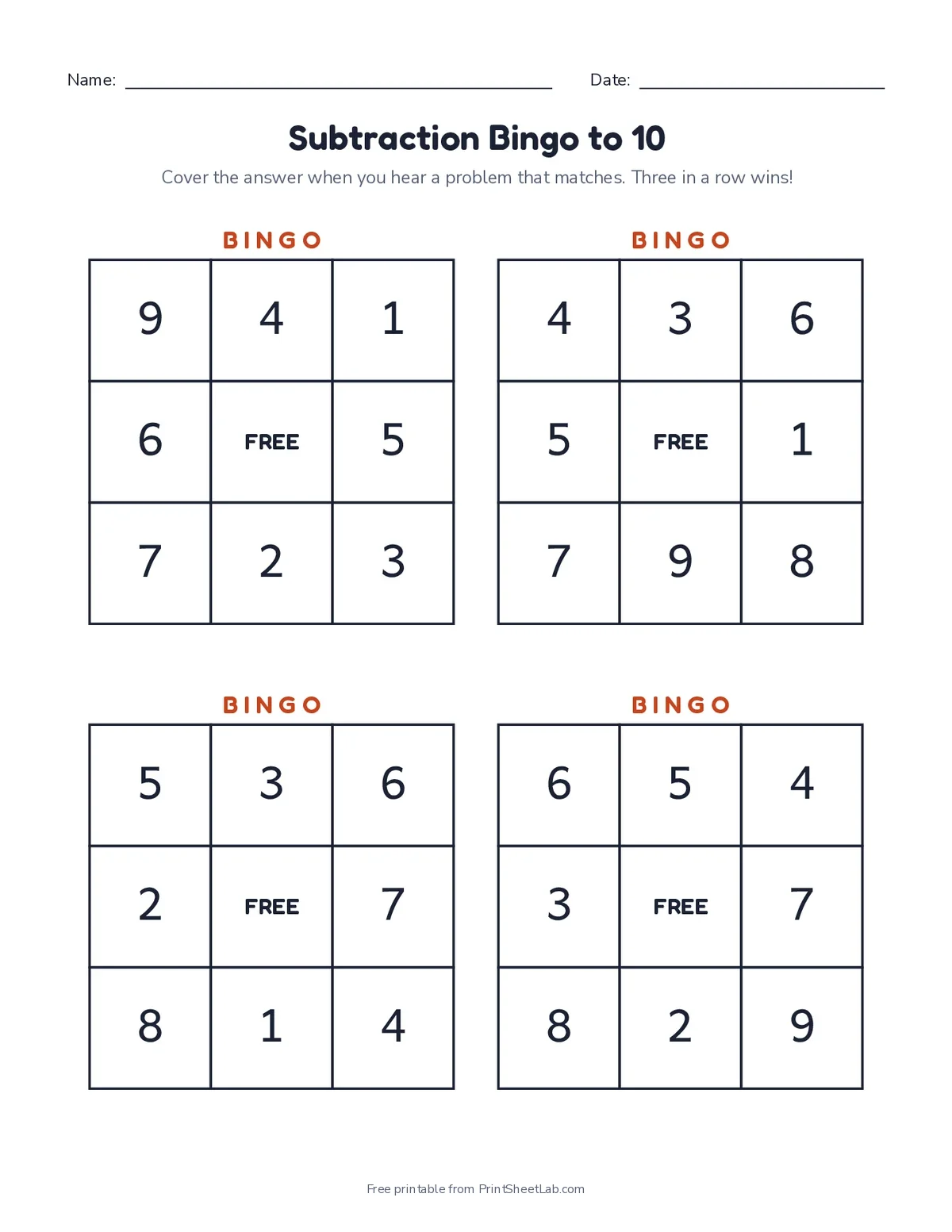 math addition and subtraction worksheets: subtraction bingo