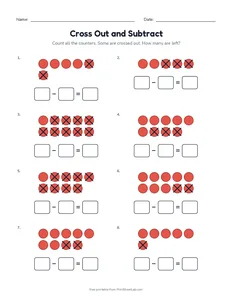 Cross Out and Subtract printable worksheet for kindergarten and grade 1