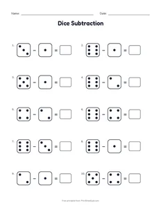 Dice Subtraction printable worksheet for kindergarten and grade 1