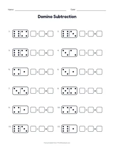 Domino Subtraction printable worksheet for kindergarten and grade 1
