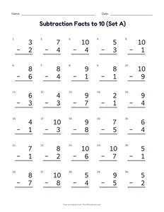 Subtraction Facts to 10 (Set A) printable worksheet for kindergarten and grade 1