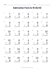 Subtraction Facts to 10 (Set B) printable worksheet for kindergarten and grade 1