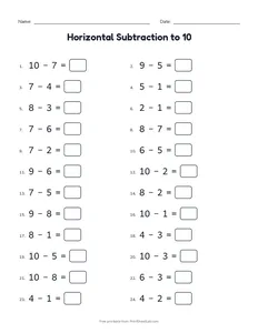 Horizontal Subtraction to 10 printable worksheet for kindergarten and grade 1