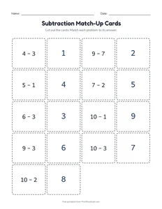 Subtraction Match-Up Cards printable worksheet for kindergarten and grade 1