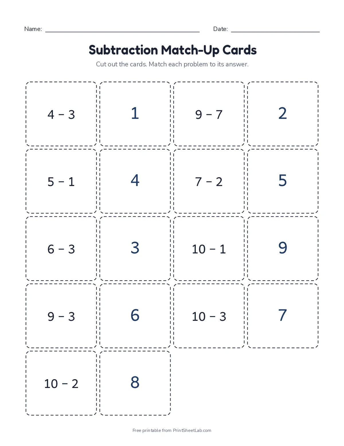 kindergarten subtraction worksheets: match-up cards