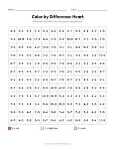 Color by Difference: Heart printable worksheet for kindergarten and grade 1