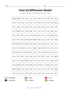 Color by Difference: Rocket printable worksheet for kindergarten and grade 1