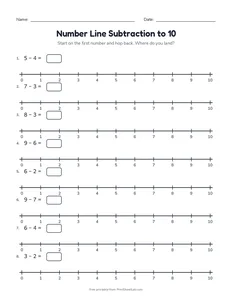 Number Line Subtraction to 10 printable worksheet for kindergarten and grade 1