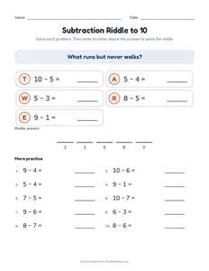 Subtraction Riddle to 10 printable worksheet for kindergarten and grade 1