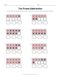 Ten Frame Subtraction printable worksheet for kindergarten and grade 1