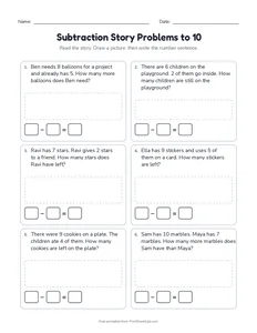 Subtraction Story Problems to 10 printable worksheet for kindergarten and grade 1