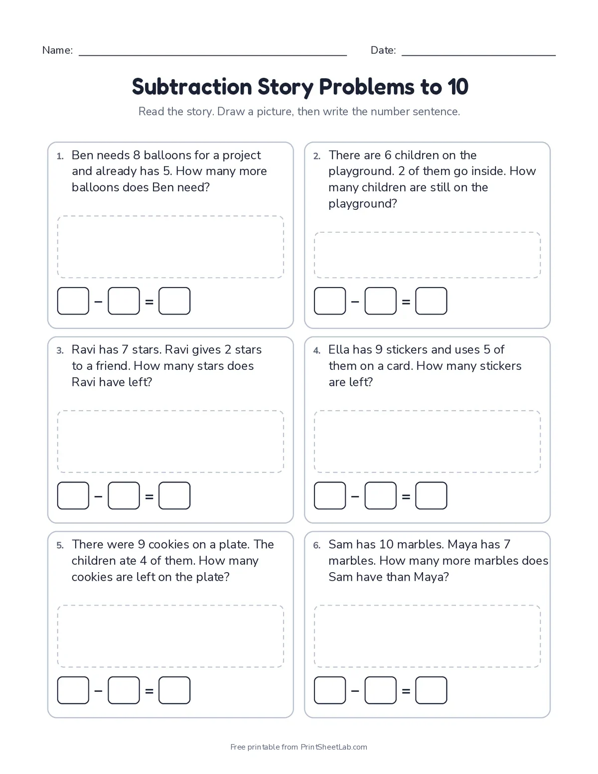 addition and subtraction worksheets for kindergarten: subtraction story problems