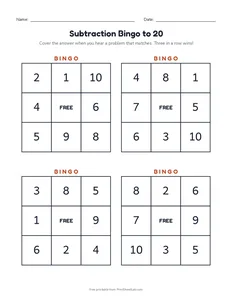 Subtraction Bingo to 20 printable worksheet for grades 1 and 2
