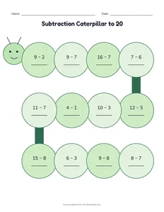Subtraction Caterpillar to 20 printable worksheet for grades 1 and 2