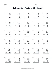 Subtraction Facts to 20 (Set A) printable worksheet for grades 1 and 2