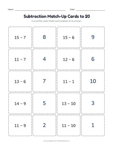 Subtraction Match-Up Cards to 20 printable worksheet for grades 1 and 2