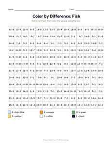 Color by Difference: Fish printable worksheet for grades 1 and 2