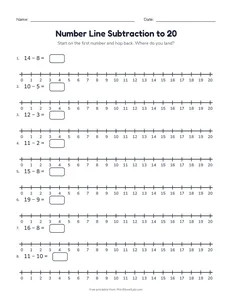 Number Line Subtraction to 20 printable worksheet for grades 1 and 2