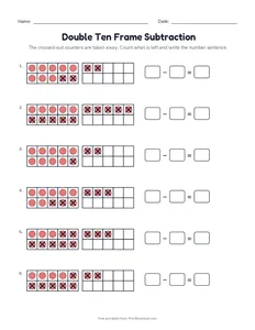 Double Ten Frame Subtraction printable worksheet for grades 1 and 2