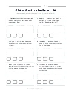 Subtraction Story Problems to 20 printable worksheet for grades 1 and 2