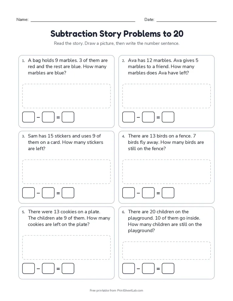 Subtraction word problems within 20