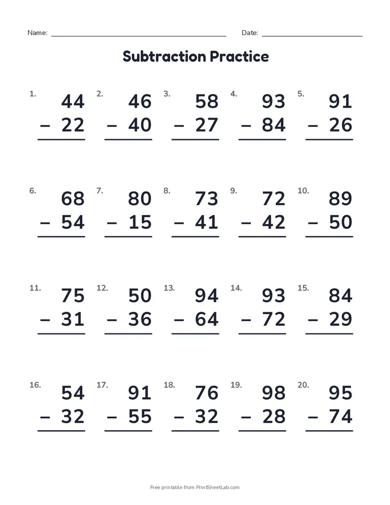 Subtraction worksheets printable: 20 two-digit subtraction problems, some needing borrowing