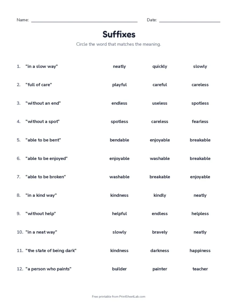Suffixes: circle the word worksheet with answer key