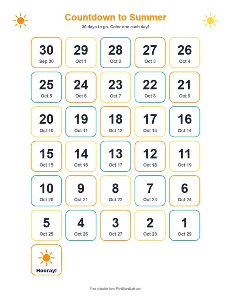 Summer vacation countdown printable with a color-in grid of squares counting down to the last day of school
