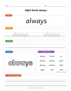 Second Grade Sight Words 1 to 10 printable worksheet for grade 2