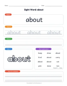 Third Grade Sight Words 1 to 10 printable worksheet for grade 3