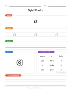 Pre-Primer Sight Words 1 to 10 printable worksheet for preschool and kindergarten
