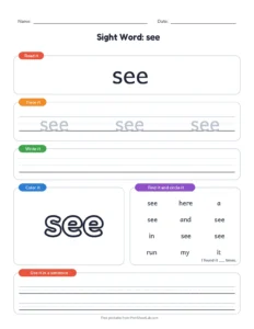 Pre-Primer Sight Words 31 to 40 printable worksheet for preschool and kindergarten
