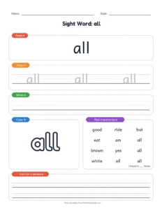 Primer Sight Words 1 to 10 printable worksheet for kindergarten