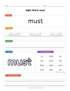 Primer Sight Words 21 to 30 printable worksheet for kindergarten