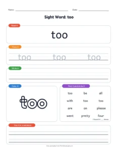 Primer Sight Words 41 to 50 printable worksheet for kindergarten