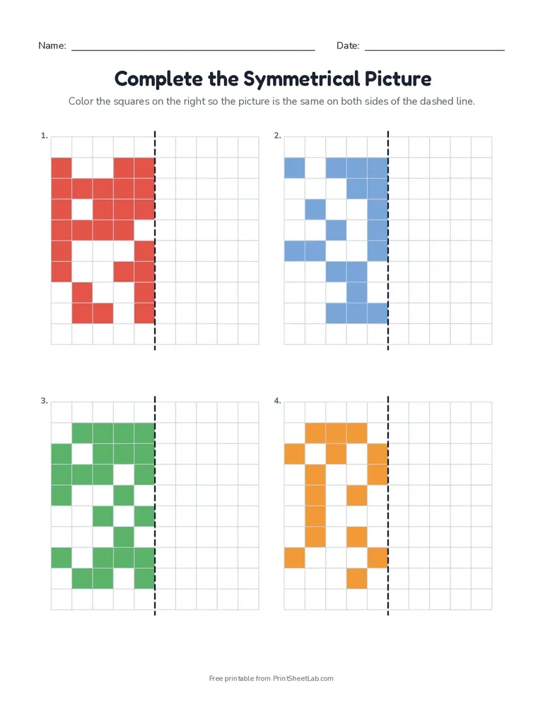 Complete the Symmetrical Picture printable worksheet for grades 2 to 4