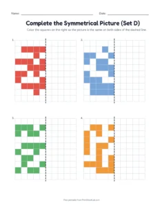Complete the Symmetrical Picture (Set D) printable worksheet for grades 2 to 4