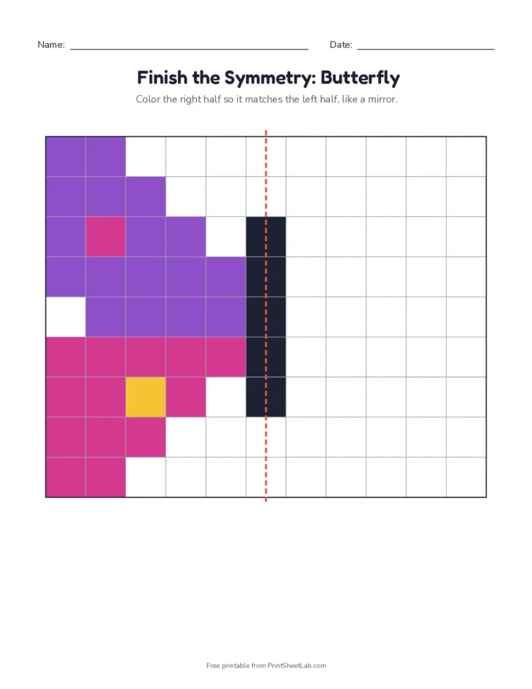 Finish the symmetry worksheets: color the right half of a heart, butterfly, rocket and more