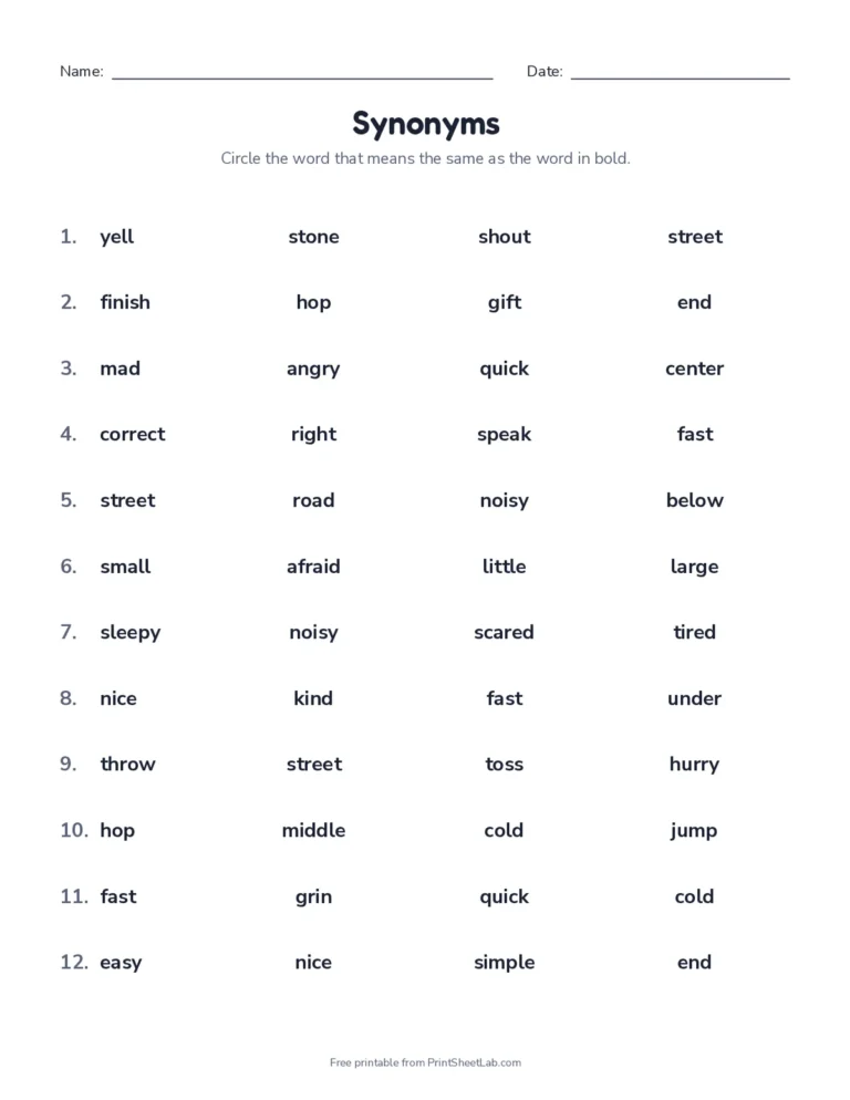 Synonyms worksheet