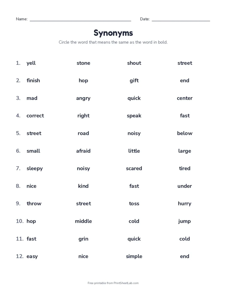Circle the synonym worksheet with answer key
