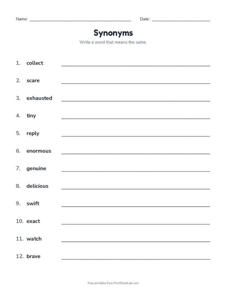 Write a synonym worksheet with answer key