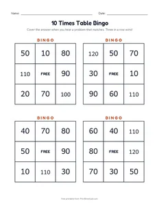 10 Times Table Bingo printable worksheet for grades 2 and 3